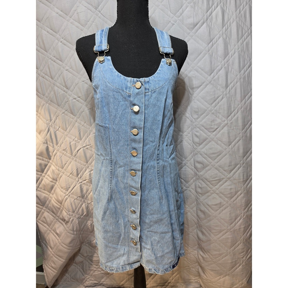 No Excuses Vintage Denim Pinafore Dress Light Wash Button Front Mini Medium READ